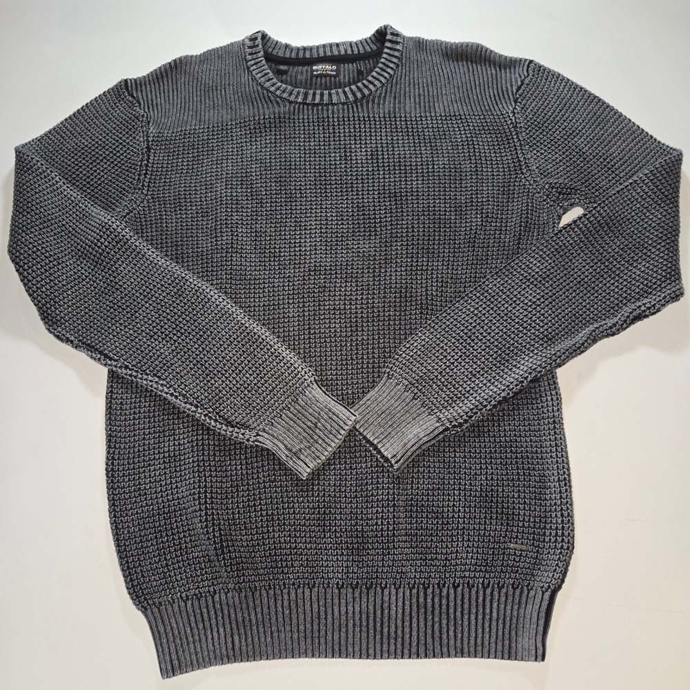 Buffalo David Bitton Mens XL Charcoal Gray Waffle Knit Cotton Crew Neck Sweater